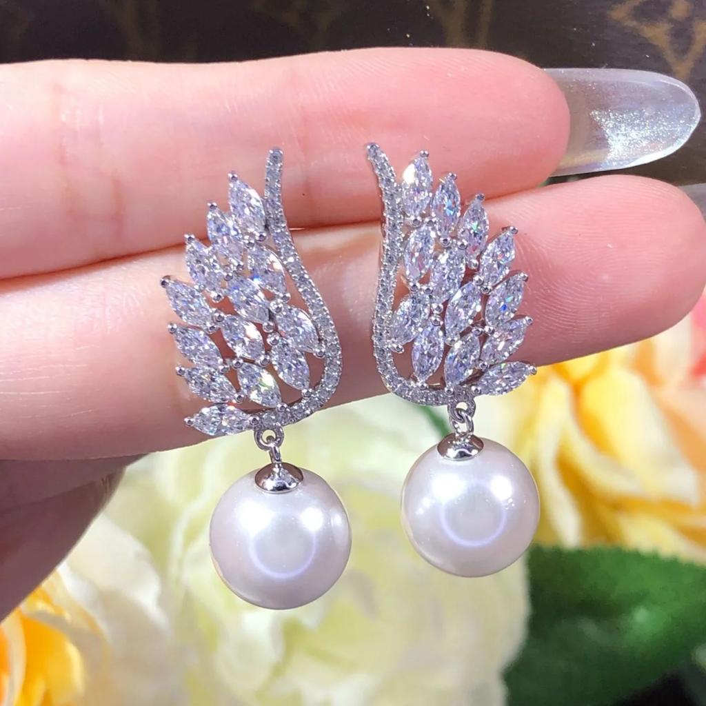 Simple Stylish Simulated Pearl Earrings with Cubic Zirconia Fashionable Women Silver Color Luxury Trendy Jewelry