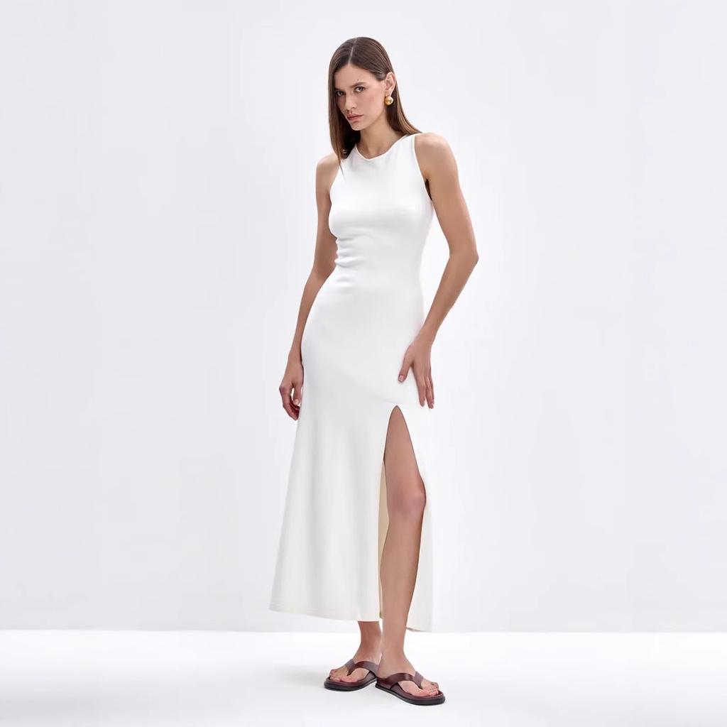 2026 Fall Winter Women Long Sweater Dress Elegant Slit Bodycon Sleeveless Tank Dress Versatile Knit Midi Dress