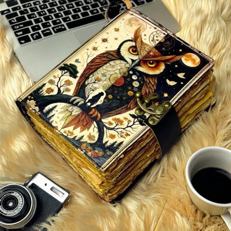 Handmade Leather Owl Journal with Lock – Vintage Refillable Diary, Gift for Writers