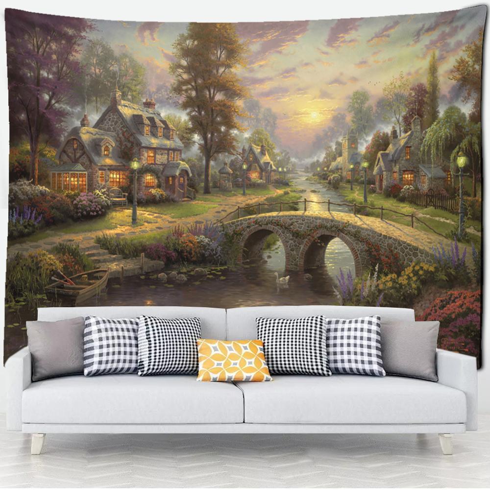 

Лесная хижина гобелен настенная картина маслом фон ткань печать психоделическое колдовство богемный декор 95x70cm