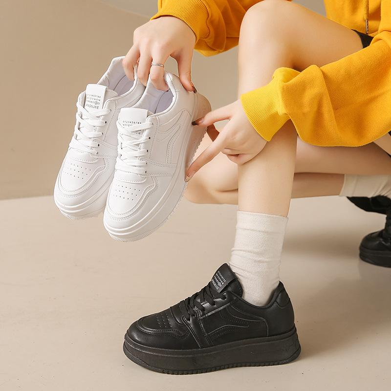 Thick Baseplate Shoes Women's Spring and Autumn New Leather Surface Versatile Height Increase Sports and Leisure White Shoes Ins Tide