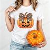 T-Shirt for Women Scary Pumpkin Head Graphic Tops Leopard Evil Pumpkin Face Halloween Print Tee Shirts Y2K Aesthetic Streetwear