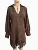 V-neck Faux Deerskin Dress with Fringe Hem and Lapels, Long Sleeve, European & American Style  