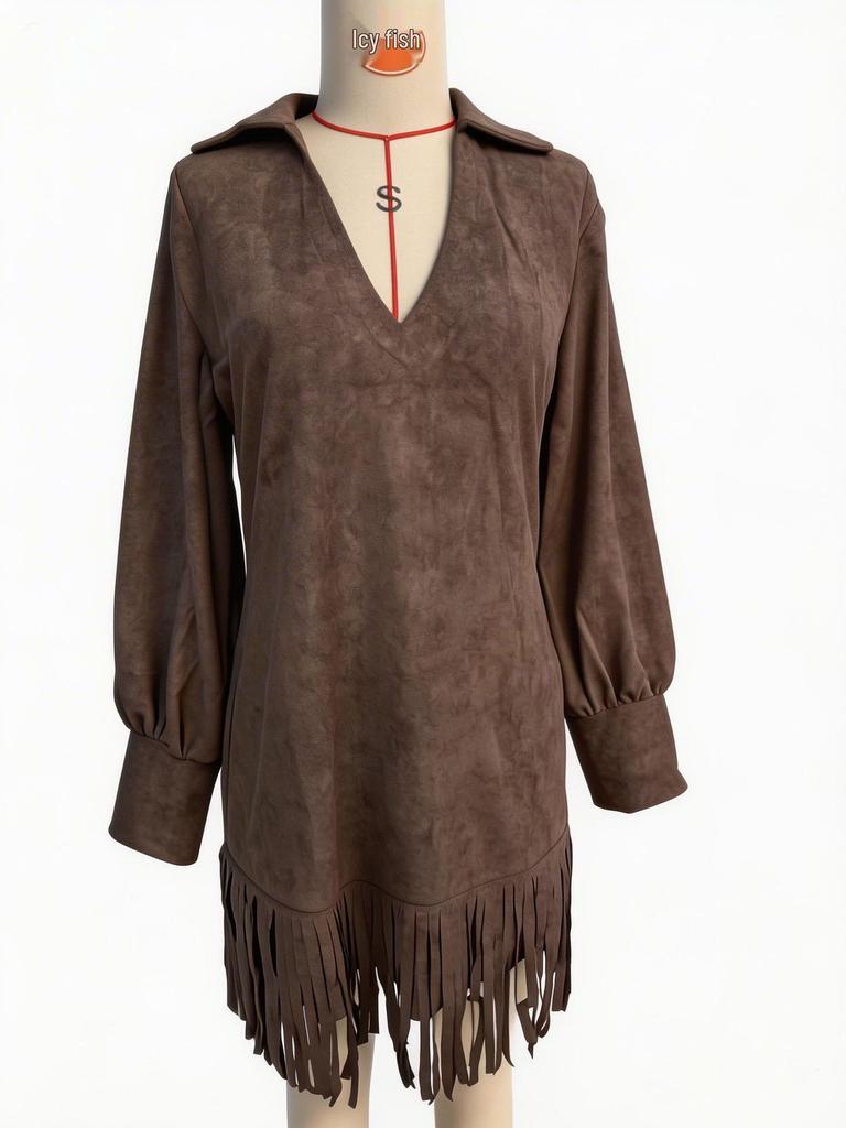 V-neck Faux Deerskin Dress with Fringe Hem and Lapels, Long Sleeve, European & American Style  