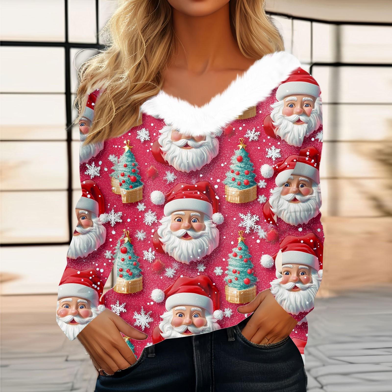 

Женский длинный рукав рождественский принт вечеринка плюшевый воротник широкий повседневный V-образный вырез топ XXXL розовый