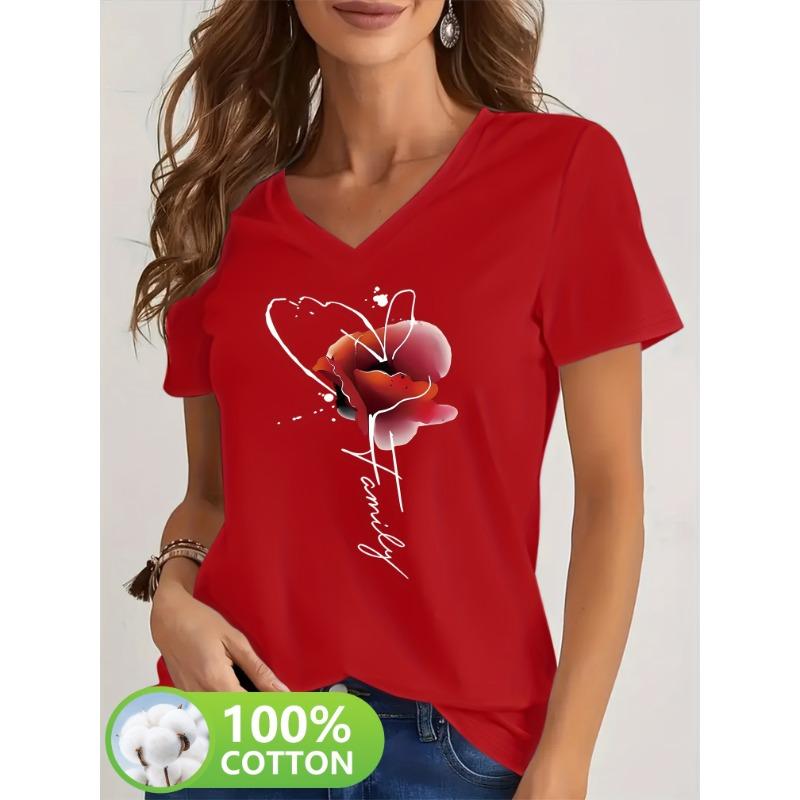 

Spring and summer 100% pure cotton women s V-neck short sleeved shirt with butterfly letter lines embellished with red blended petal pattern print S
