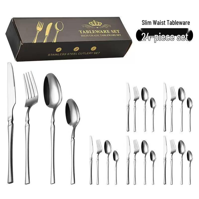 Gold 24-Piece Stainless Steel Cutlery Set: Elegant Steak Knife, Fork, and Spoon for Western Cuisine.