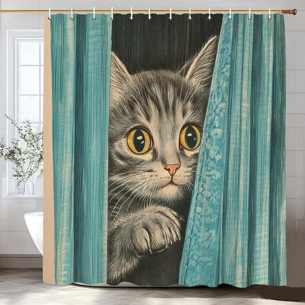 Cartoon Hipster Cat Shower Curtain - With Hooks, Easy To Clean, Adds a Quirky and Stylish Touch To Your Bathroom Decor Curtain