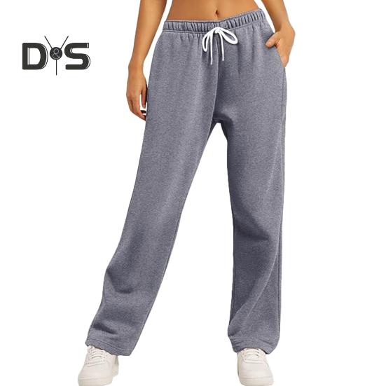 Women Pants Mid-rise Elastic Waist Adjustable Drawstring Long Trousers Solid Color Straight Wide Leg Autumn Winter Sport Trousers