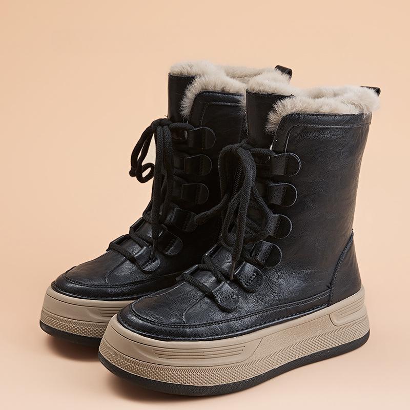 Women's Winter Chunky Platform Snow Boots Lace-Up Non-Slip Warm Fur Lined Ankle Booties Comfortable Walking Shoes Leather Mid-Calf Boot for Women