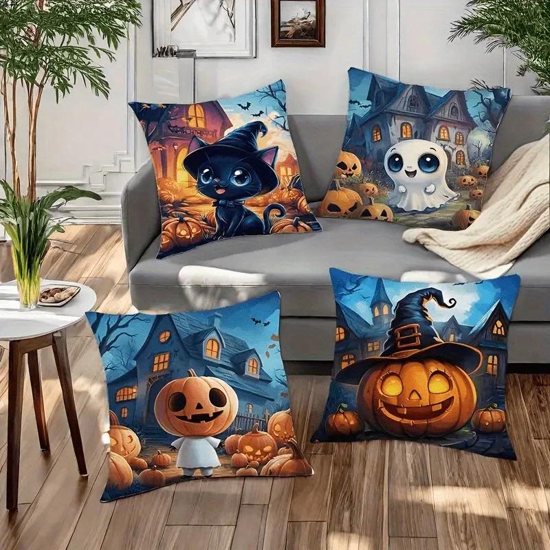 Spooky And Adorable Halloween Pillowcases: Cat, Ghost, Pumpkin Designs! Sofa Cushion Cover Holiday Party Decoration Gift