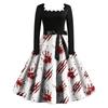 Women Vintage Long Sleeve Square Neck Halloween Printed Party Dress Retro Full Skirt Mid-Calf Length Elegant Fit and Flare Dress