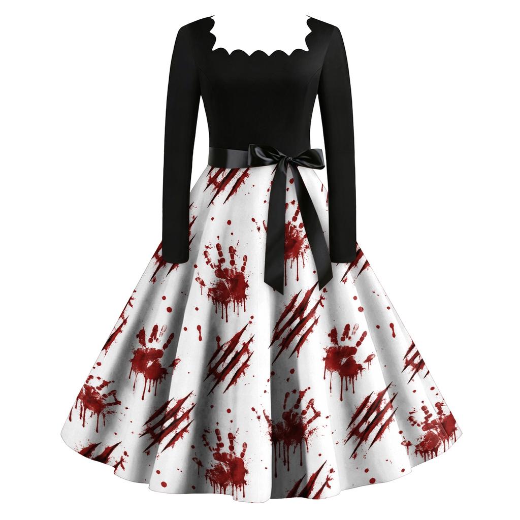 Women Vintage Long Sleeve Square Neck Halloween Printed Party Dress Retro Full Skirt Mid-Calf Length Elegant Fit and Flare Dress