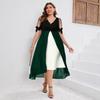 Spring and Summer New Style Large-Sized Short-Sleeved V-Necked Patchwork Fake Two-Piece Irregular Pearl Sleeveless Dress for Women