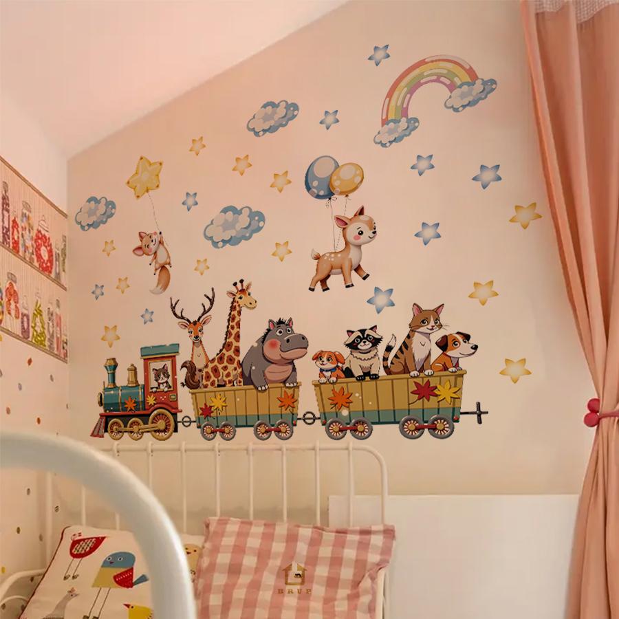 30*90cm Cartoon Animal Train Wall Sticker Removable PVC Wall Decoration for Nursery Room Kids Bedroom Home Decor