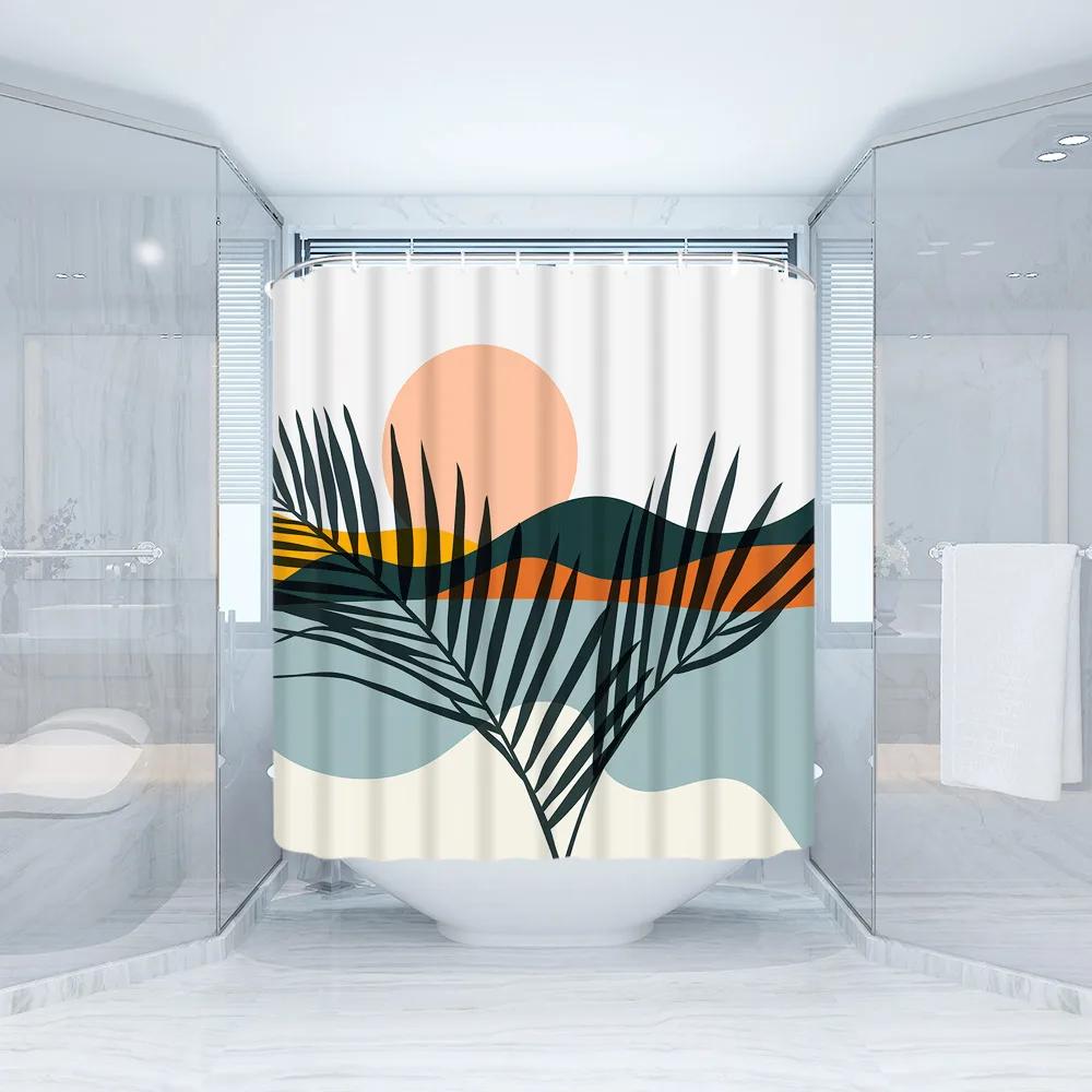 Fabric Geometric Shower Curtain, Mid-Century Modern Geometric  Herringbone Chevron Blue Black Gray Square Bathroom Decoration