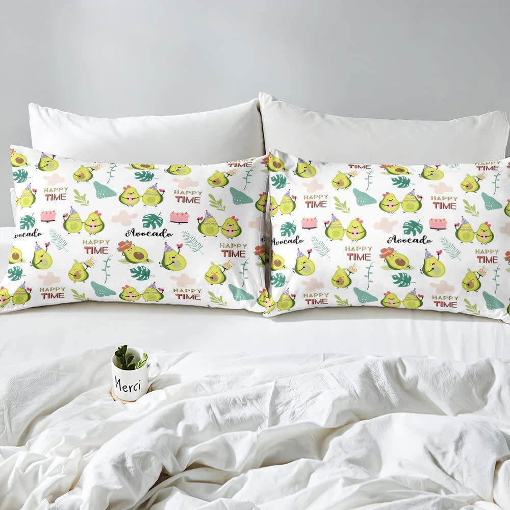 Chapéu de Cama com Padrão de Frutas Abacate Desenho Animado Conjunto de Roupa de Cama de Quatro Peças Decoração de Roupa de Cama para Quarto de Dormitório