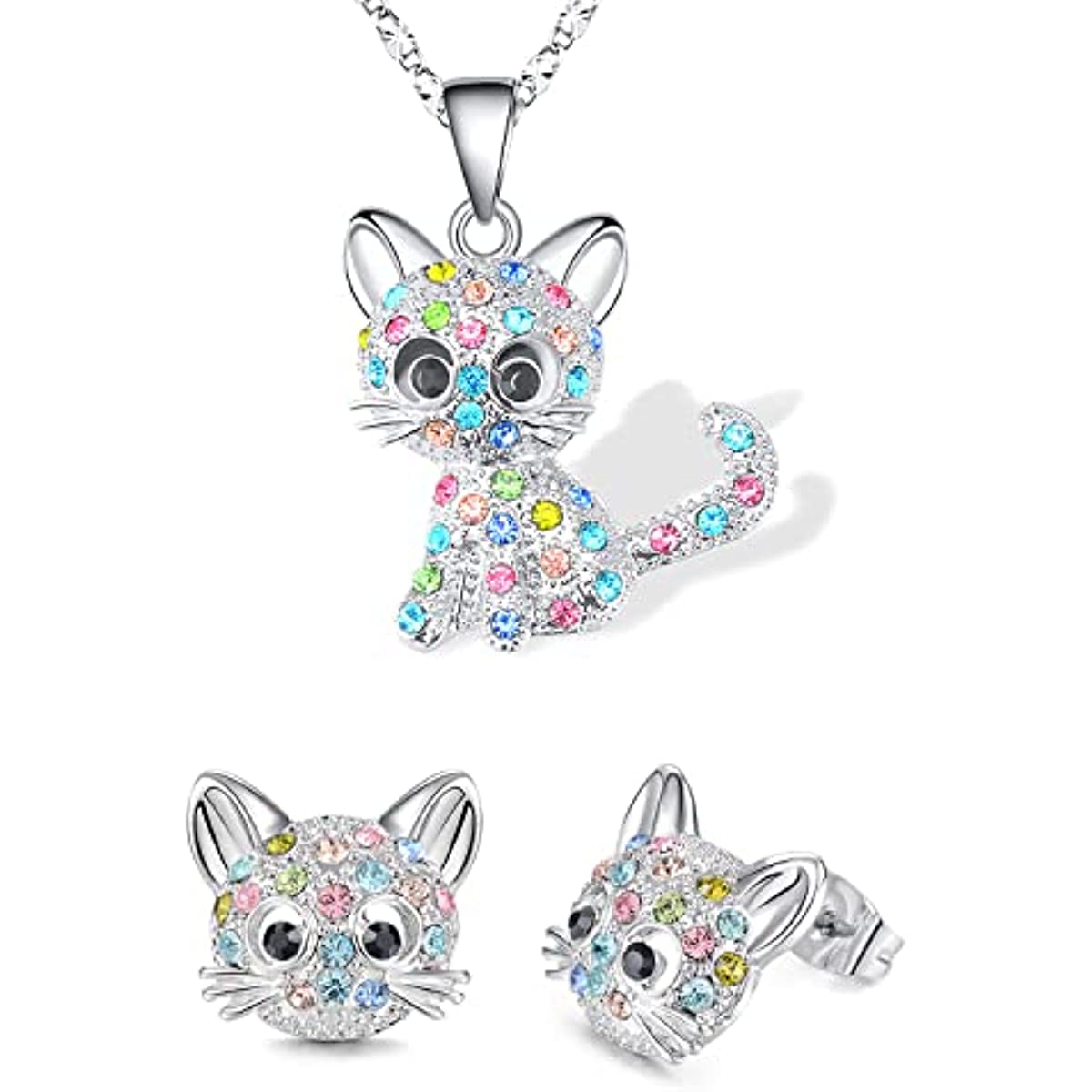 Cat Gifts for Girls Cat Necklace and Cat Earrings Set Little Girls Jewelry for Cat Lover Daughter Granddaughter, for Teenager разноцветный