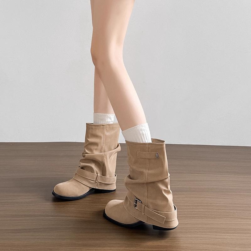 Western jeans tube short boots women's 2025 new autumn thick heel pleated pile boots retro British Martin boots