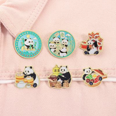 Chinese Panda Playing Mahjong Enamel Pin Eat Bamboo Lion Dance Drink Herbal Tea Cute Animal Brooches Lapel Badge Jewelry Gifts