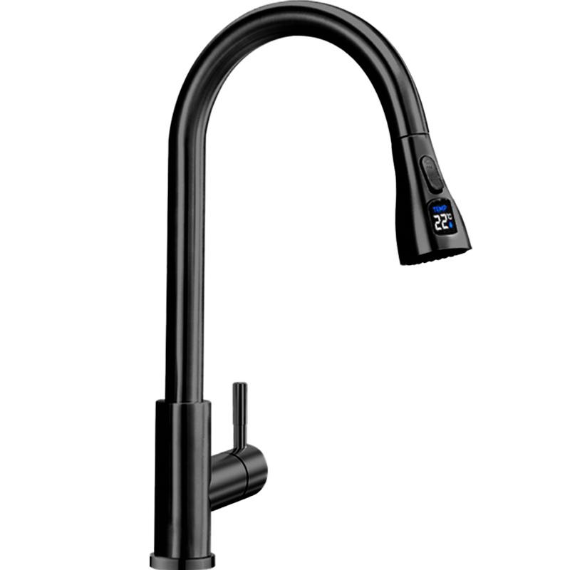 

Дисплей температуры Кухонный смеситель Двухфункциональный Однорычажный Выдвижной Смеситель Кран для горячей и холодной воды Монтаж на раковину/столешницу Одинарное отверстие include 60cm hose чёрный