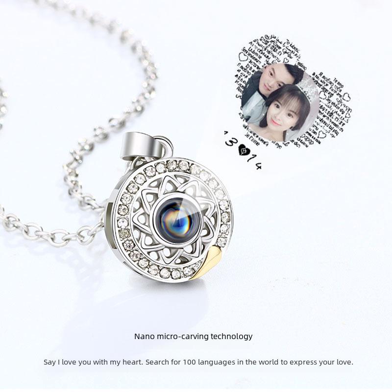 100 Languages Projection Stone Sun & Moon Couple Magnet Necklace Set