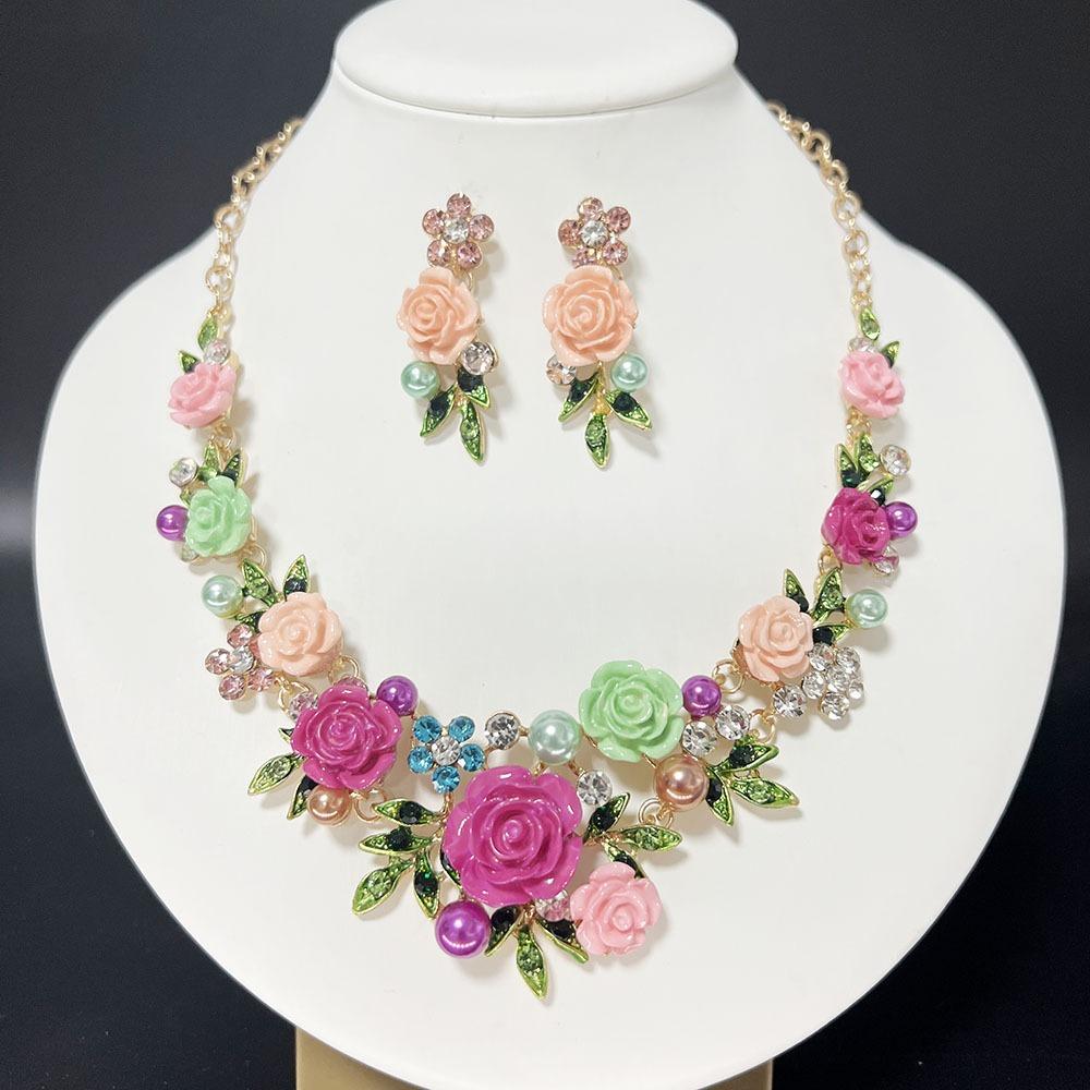 1 Set Multicolor Flowers Crystal Jewelry Set Enamel Pearl Necklace Earrings Set Exquisite Luxury Bridal Jewelry Set Banquet
