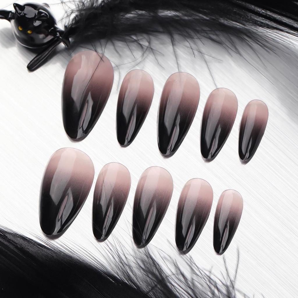 Black French Gradient Reusable Short Almond Halloween Nail Tips