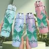 1PC Teal Butterfly Leaf Line Art Print 750ml Color Plastic Sports Water Bottle Leakproof Flip Straw Lid Suitable for Sports Office Home Use
