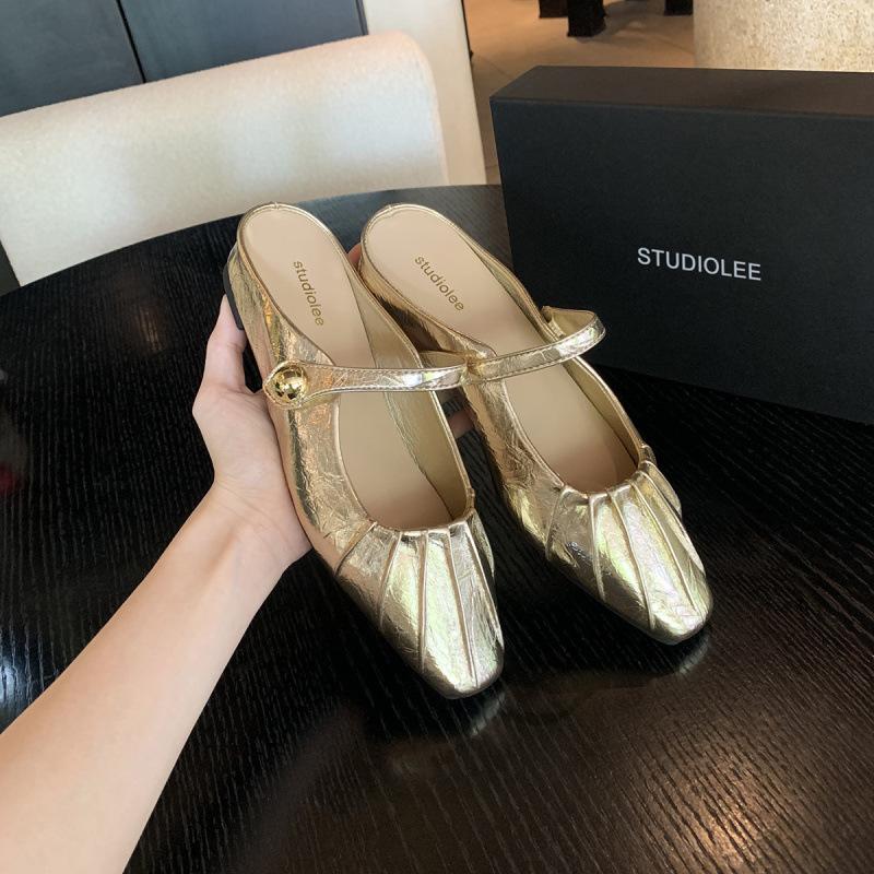 Temperament small square head pleated word with shallow mouth Mary Jane bag head half slippers female summer