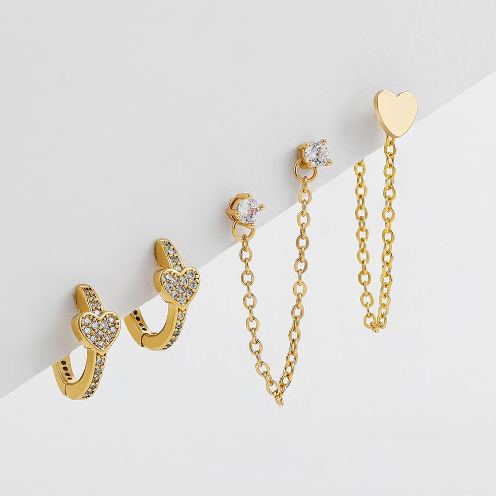 

Fashion Gold Color CZ Zircon Love Heart Ear Buckle Huggies Crystal Double Piercing Stud Earrings Set for Women Girls New Trend