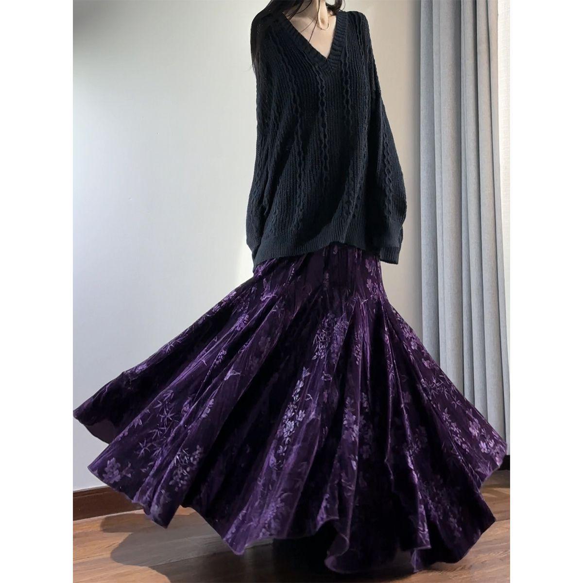 

Velvet High Waist Fishtail Skirt - Chinese Style, Long Flare, Autumn/Winter Collection for Women XL