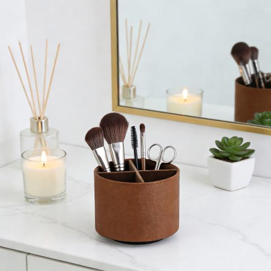 Rotating Pencil Holder Round Pen Organizer Slots Multifunctional Desk with 4 Faux Leather Accessories Organizer