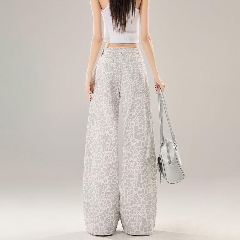 Leopard print design large size jeans women's summer new fashion loose and thin versatile straight wide-leg trousers