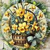 Spring Wreath Door Sign 8x8in, Metal Round with Daffodils & Bells, Waterproof Print