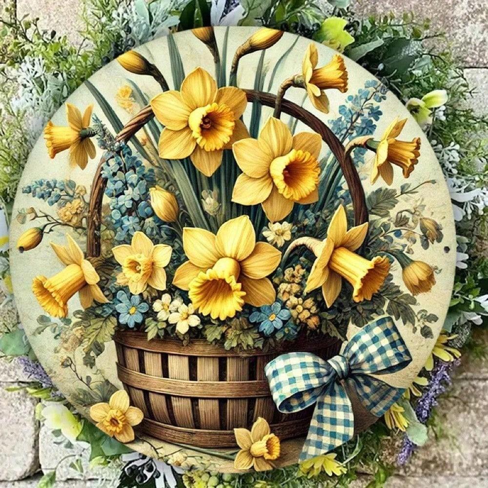 Spring Wreath Door Sign 8x8in, Metal Round with Daffodils & Bells, Waterproof Print
