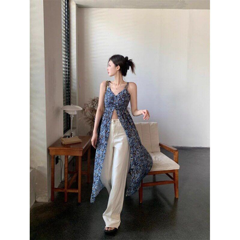 French-Style Floral V-Neck Spaghetti Strap Dress for Women, Summer Sweet and Spicy Girl Dress, Blue Retro Elegant Slit Long Dress