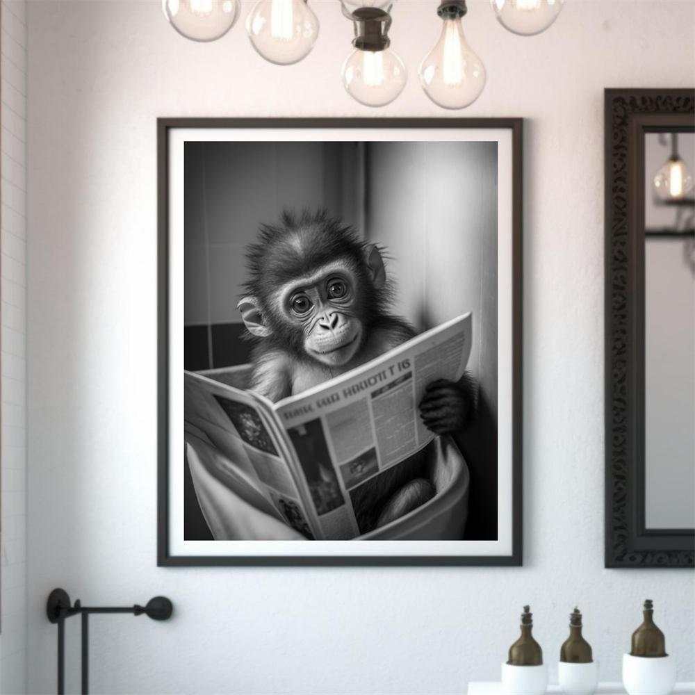 Cute Monkey Bathroom Art Prints Wall Art Funny Bathroom Print Poster Monkey Art Print Toilet Humor Whimsy Animal Canvas Painting