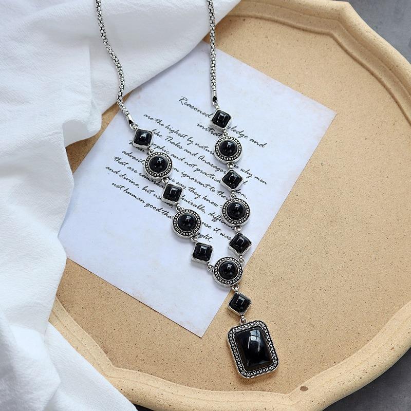 Retro long turquoise necklace women's personality exaggerated temperament sweater chain Tibetan versatile hanging jewelry