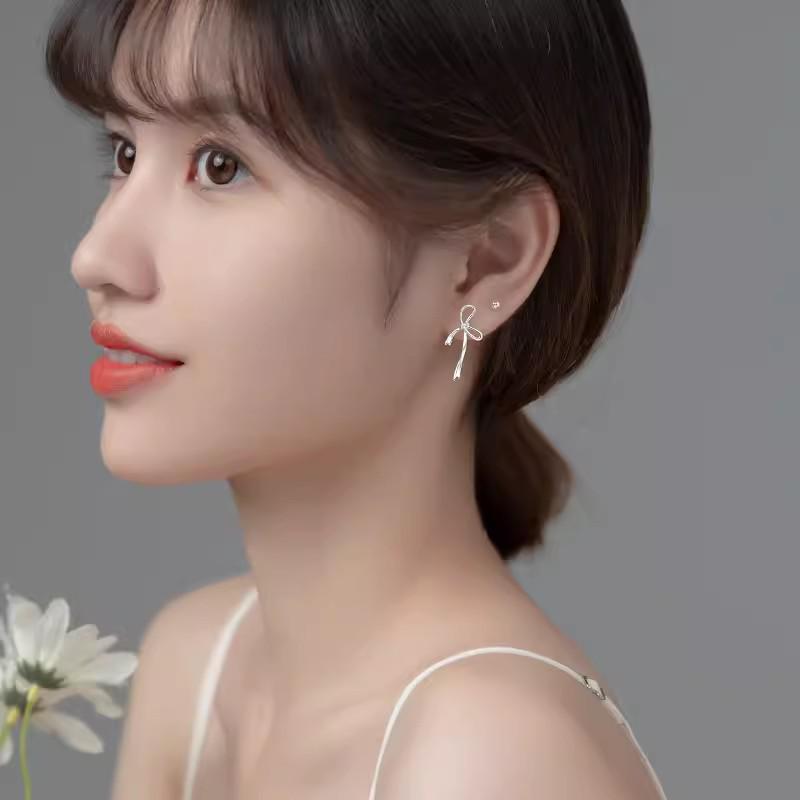 Sterling Silver Filigree Bow Earrings: Elegant Mori Style Studs for Women