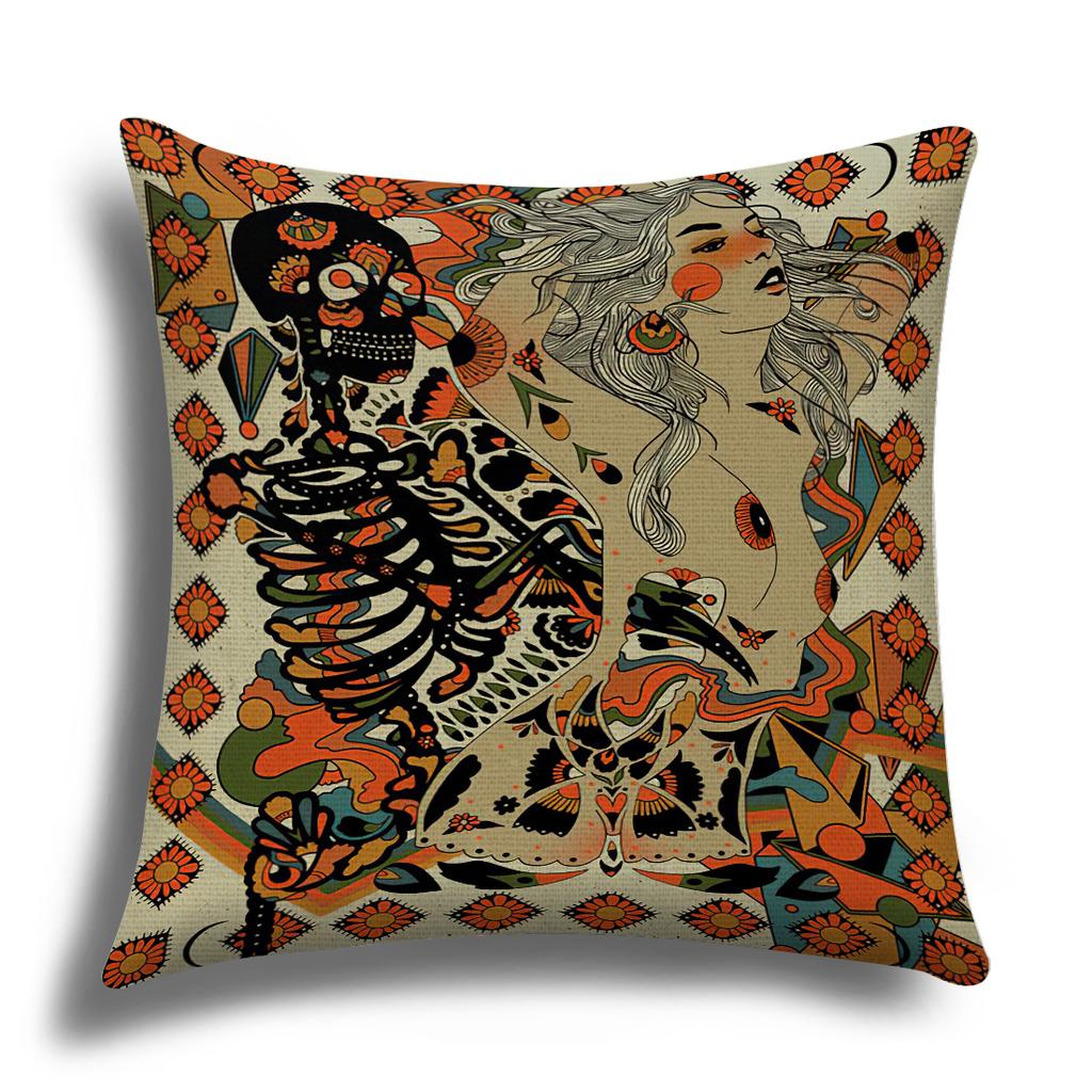 Classic Retro Girl Skull Illustration Cushion Cover Pillow Cover Sofa Cushion Cover Living Room Bedroom Soft Home Decoration