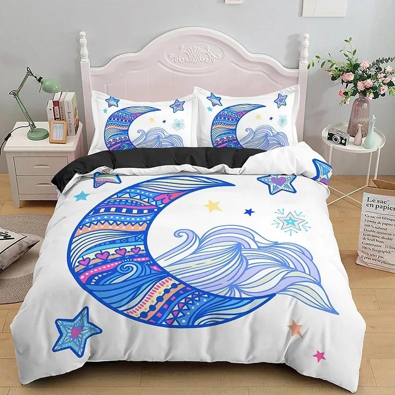 İskandinav Tarzı Nevresim Takımı Kral Kraliçe Boyutu Yıldız Ay Desenli Çocuklar Gençler Yetişkinler için Çiçekler Polyester Yorgan Kılıfı