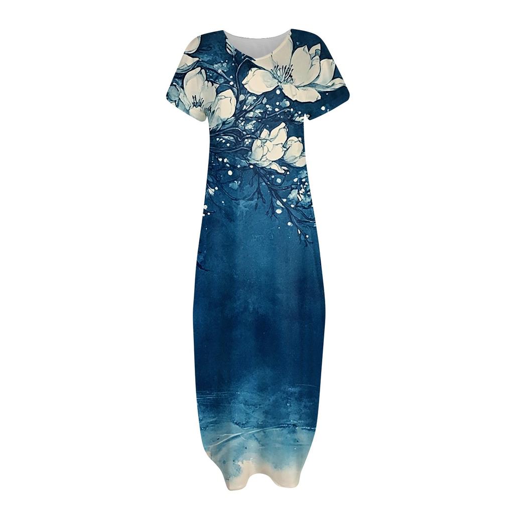 Dámské letní šaty s květinovým potiskem pro volný čas, plážové maxi šaty s krátkým rukávem