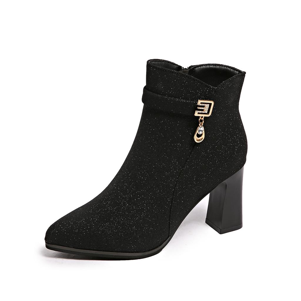 Pointed Toe Versatile Skinny Cloth Top Block Heel Booties Fashion Metal Buckle Side Zipper Non-Slip High Heels