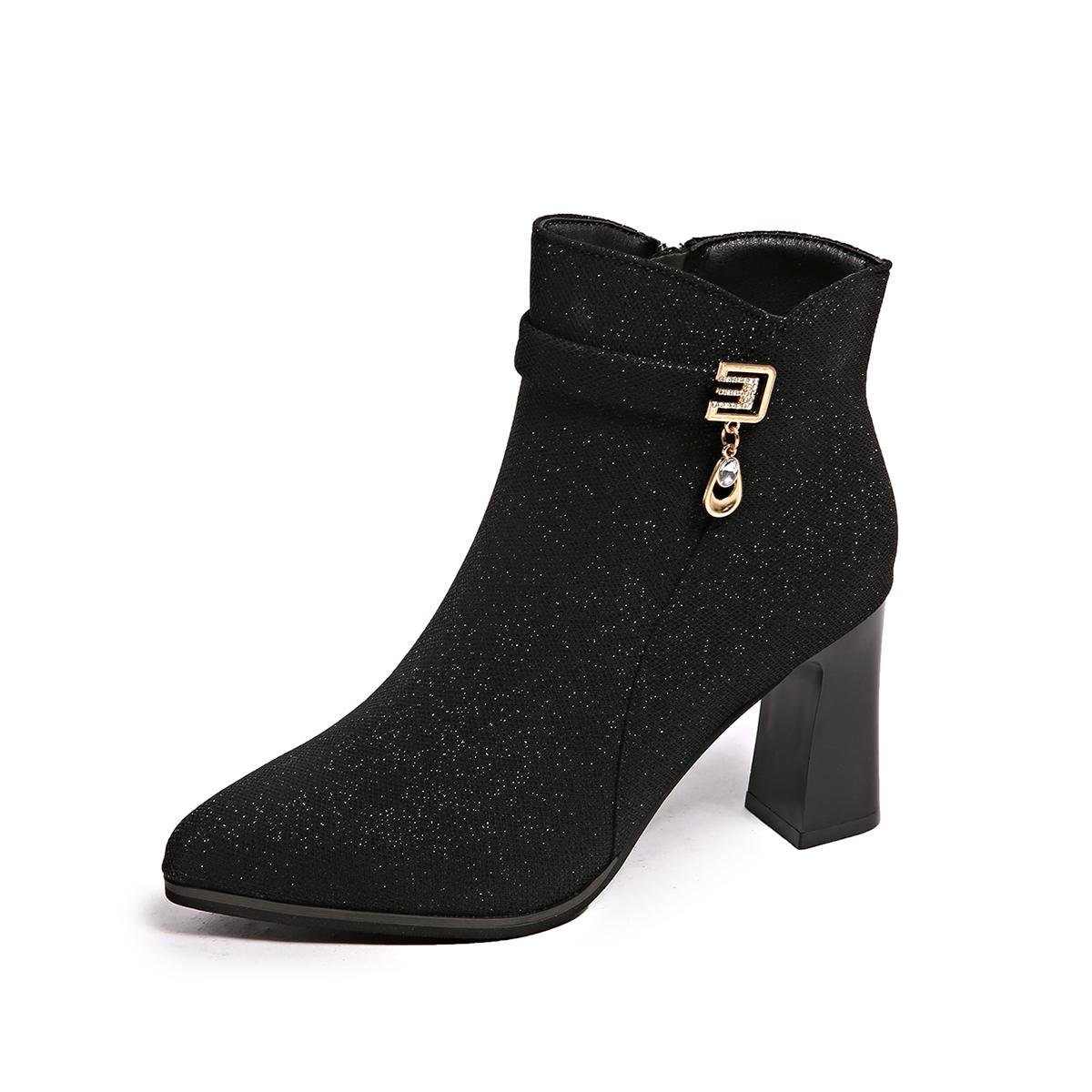 

Pointed Toe Versatile Skinny Cloth Top Block Heel Booties Fashion Metal Buckle Side Zipper Non-Slip High Heels 42