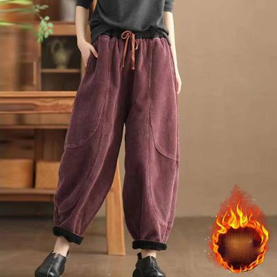 Herbst Frühling Winter Damen Verdickte Fleece Freizeithose Harlan Retro Kord Loose Schlankmachend Künstlerisch Lässig Warme Hose