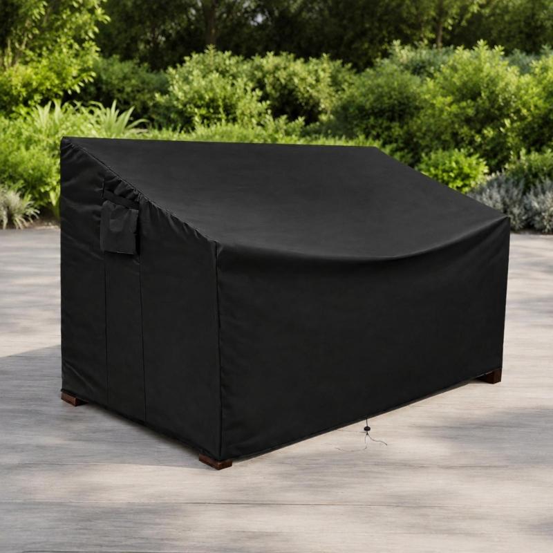 600D Fabric Patio Loveseat Cover with Rain and Debris Barrier, Bottom Cord Closure, 2 Side Fasteners, and Storage Pocket