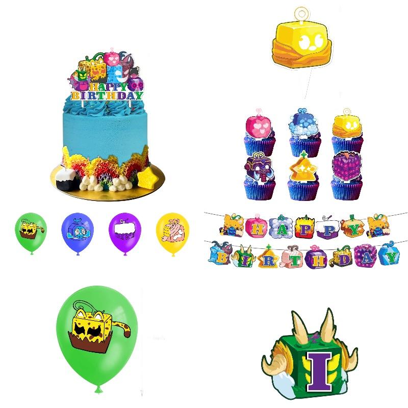 Blox Fruits Cartoon Theme Birthday Party Decorations Set Flags Balloons Cake Toppers