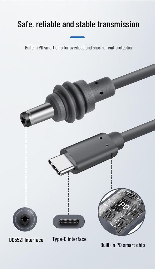 Gray Waterproof MiniDC to Type-C Male-to-Male Power Charging Cable for Outdoor Use