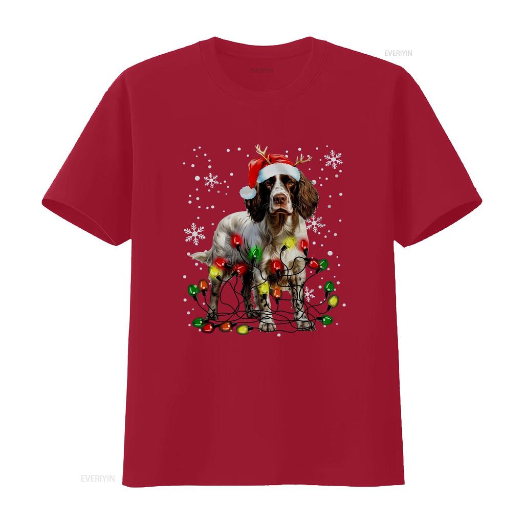 Xmas Lighting Santa English Springer Spaniel Dog Christmas T Shirt Vintage Fashion Stretched Graphic